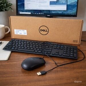 Dell Wired USB‎ Keyboard Mouse Bundle Black Slim Design Quiet Keys